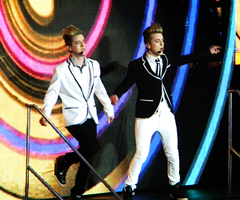 Jedward performing at The O2 Arena as part of the X Factor live tour in 2010