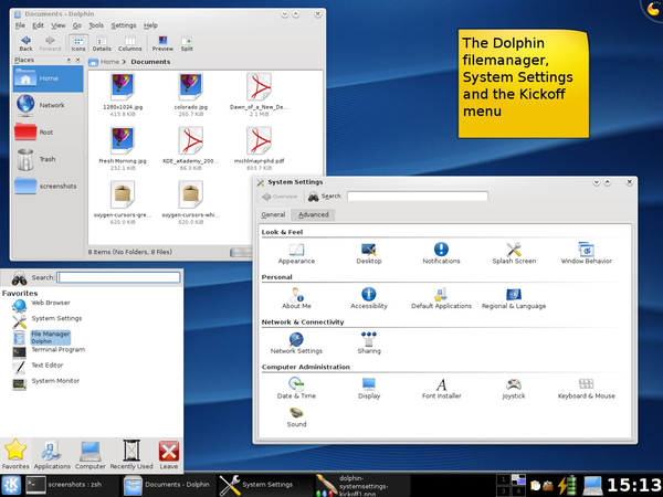 KDE 4.0 showing Dolphin, System Settings and Kickoff