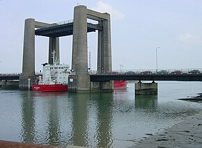 The Kingsferry Bridge, which lifts both road and rail, here letting a ship go through Kingsferry Bridge - geograph.org.uk - 4251.jpg