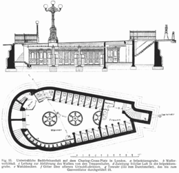 Section and plan of public toilets in Charing Cross Road, London, 1904. The men's facilities (left) comprise 12 cubicles and 13 urinals; whereas the women's facilities (right) comprise just 5 cubicles. L-toilet4.png