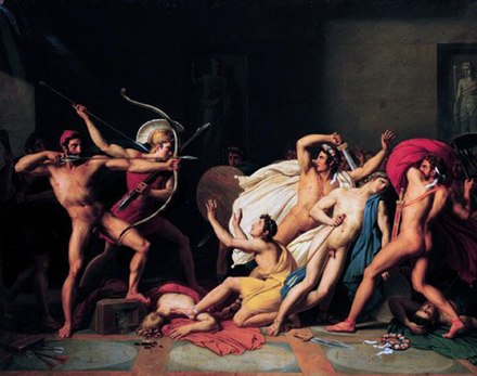 An 1812 painting by Joseph-Ferdinand Lancrenon of Odysseus, aided by Telemachus, preparing to slaughter his wife's suitors. Alexander Boon compared Odysseus's tale to John McClane's quest to rescue his wife from the terrorists.