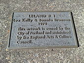 Plaque for the sculpture, which reads in part: "This artwork is owned by the City of Portland and maintained by the Regional Arts & Culture Council." Leland I plaque, Portland (2015) - 1.jpg