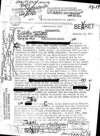 Wiener received this less-heavily blacked out copy of the same file page after more than a decade of litigation by the ACLU of Southern California. Lennon FBI Files after ny19p1.jpg