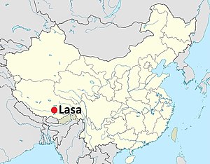 Staðsetning Lasa borgar í Tíbet sjálfstjórnarhéraði í Kína.