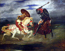 Combat de chevaliers dans la campagne romantisch-historistische Rekonstruktion eines mittelalterlichen Kampfes von Delacroix (1824).