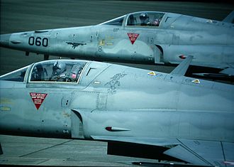 Low Visibility Emblem Fliegerstaffel 6 on the F-5E Tiger II J-3052, behind it Season 1 badge on J-3060. Low Visibility squadron emblem on J-3052.JPG