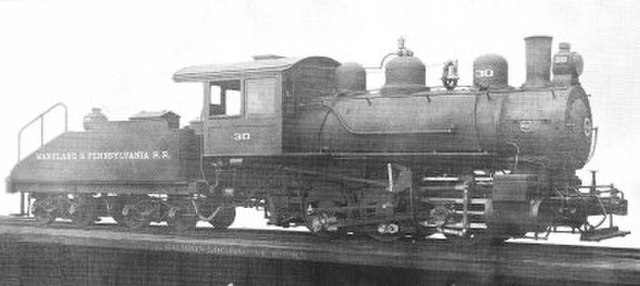 Baldwin 0-6-0 locomotive #30, built in 1913 and owned by the Ma & Pa until 1956, was typical of the line's aged equipment.