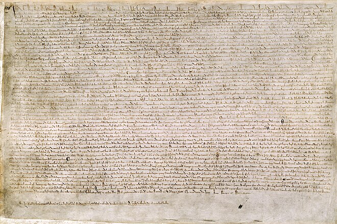 Magna Carta in the British Library. The document was described as "the chief cause of Democracy in England".