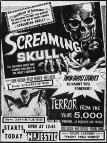 Advertisement from 1958 for The Screaming Skull and co-feature, Terror from the Year 5000 Majestic Theatre Ad - 27 August 1958, Abilene, TX.png