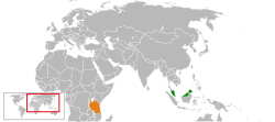 Mapa označující umístění Malajsie a Tanzanie