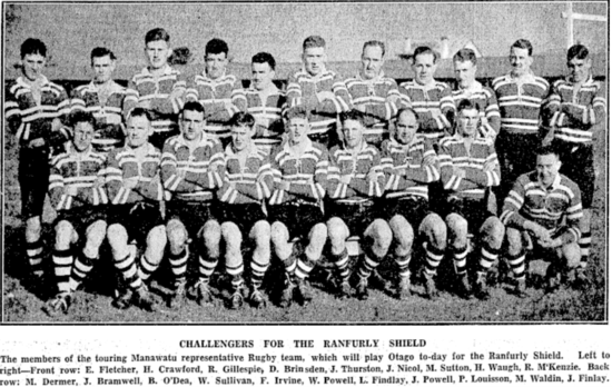 Manawatu 1936 team to play Otago for the Ranfurly Shield. Eric Fletcher is in the front row on the left.