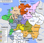Rikskretsar i det tysk-romerska riket 1512. Vitt betecknar utanför kretsindelningen stående länder.