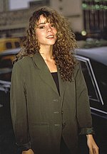 Carey exiting Shepherd's Bush Empire after promoting her single "Vision of Love" on Wogan in 1990 Mariah Carey 1990.jpg