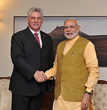 Miguel Diaz-Canel (left) with Indian Prime Minister Narendra Modi in March 2015. Diaz-Canel became the first president of Cuba not to be of the Castro family since Osvaldo Dorticos Miguel Diaz-Canel and Narendra Modi.jpg