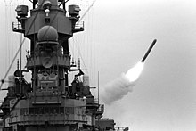 USS Missouri launches a Tomahawk missile during Operation Desert Storm. Missouri missile BGM-109 Tomahawk.JPG