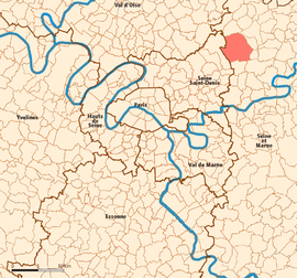 Umístění (červeně) na vnitřním a vnějším předměstí Paříže