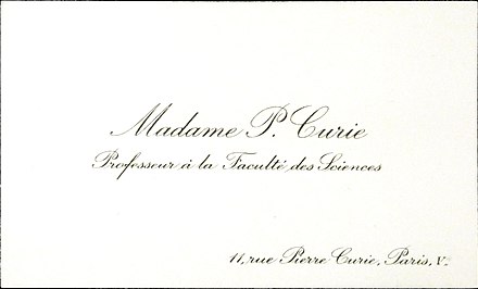 Marie Curie's business card as professor at the Faculty of Sciences