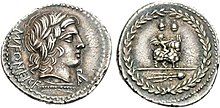 Denarius of Manius Fonteius, 85 BC. The obverse depicts Apollo, as told by the monogram below his chin. The reverse shows a Bacchic scene, with Cupid riding a goat. Another reference to Tusculum is made with the caps of the Dioscuri above them. Mn. Fonteius, denarius, 85 BC, RRC 353-1a.jpg