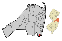 Location of Brielle in Monmouth County highlighted in red (left). Inset map: Location of Monmouth County in New Jersey highlighted in orange (right).
