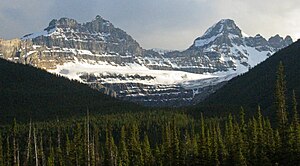 Mushroom Peak (left) and Diadem Peak (right) seen from the Icefields Parkway