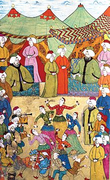 Musicians and dancers entertain the crowds, from Surname-i Humayun, 1720. Musicians and dancers from ottoman empire.jpg