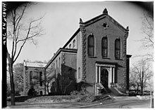 The seminary's library, the Gardner A. Sage Library (built 1873-1875) combines Romanesque and Victorian architecture. NBTS Gardner Sage Library 1959 LOC Image.jpg