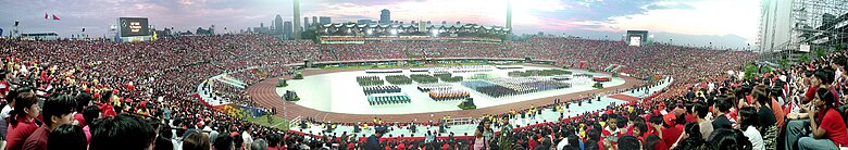 A National Day Parade of Singapore, with a simulation of Singapore's skyline.