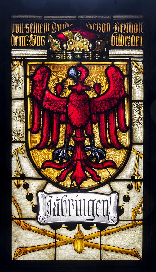 Zähringen attributed arms in a stained glass window by Hans Reichle (c. 1570–1642) in Freiburg town hall. There are two traditions of attributed arms,