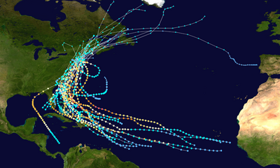 Tracks of all tropical cyclones to strike New England from 1851 - 2021. New England Tropical Cyclone Landfalls 1851-2022.png