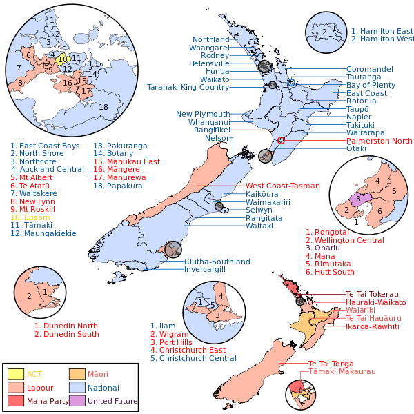 Party affiliation of winning electorate candidates. New Zealand electorates 2011 election (insets).svg