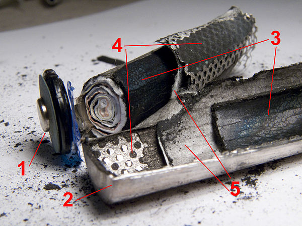 Disassembled NiMH AA battery: Positive terminal Outer metal casing (also negative terminal) Positive electrode Negative electrode with current collect