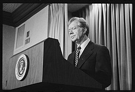 No Known Restrictions- President Jimmy Carter Announces Sanctions on Iran by Marion S. Trikosko, 1980 (LOC).jpg