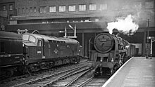 Down freight and Up express in 1962 Nottingham Victoria Station, with Down freight and Up express - geograph.org.uk - 2126956.jpg