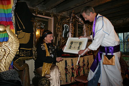 Olivia Robertson and David de Roeck at the Temple of Isis, Huntington Castle, Ireland.jpg