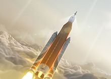 A Space Launch System design in the 2010s. This rocket is envisioned as the launch vehicle for some of the latest NASA speculative long-term plans for Mars concepts, although there are some bold private venture plans that may also provide mass-to-orbit for any mission until a space-faring colony could provide a launch from another body or space station. Orange tank SLS launch through clouds - Post CDR.jpg