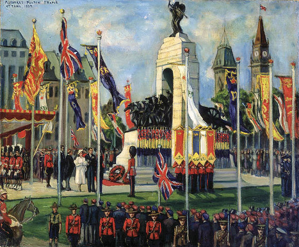 A depiction of George VI and Elizabeth unveiling the National War Memorial in Ottawa