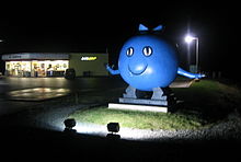 Giant blueberry person in Oxford, Nova Scotia OxfordGiantBlueberry Night.jpg