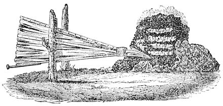 A drawing of a simple bloomery and bellows.