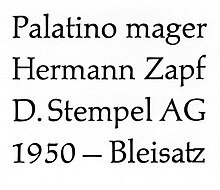 Palatino in letterpress Palatino Zapf 1950 Letterpress.jpg