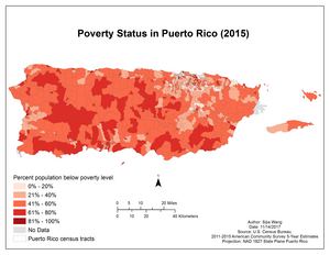 Percent population living below poverty level in Puerto Rico by census tract in 2015.