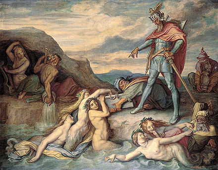 Hagen orders servants to sink the hoard in the Rhine (Peter von Cornelius, 1859)