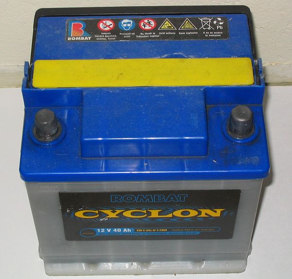 A typical 12 V, 40 Ah lead-acid car battery