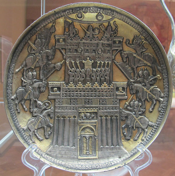 Anikova dish: Nestorian Christian plate with decoration of the Siege of Jericho, probably made by Sogdian artists under Karluk dominion, in Semirechye