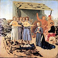 皮耶罗·德拉·弗朗切斯卡的《耶稣降生（英语：The Nativity (Piero della Francesca)）》，124 × 123cm，约作于1470-1475年，自1874年起收藏[23]
