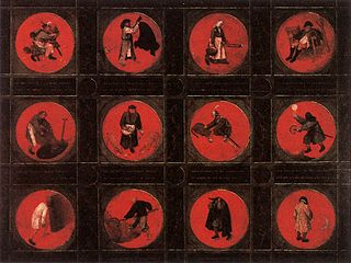 Twelve Flemish proverbs 1558. oil on panel medium QS:P186,Q296955;P186,Q287,P518,Q861259 . 75 × 98 cm (29.5 × 38.5 in). Museum Mayer van den Bergh, Antwerp