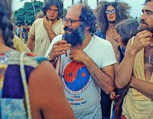 Protesting at the 1972 Republican National Convention Poet and activist Allen Ginsberg with the protestors - Miami Beach, Florida 1 (cropped1).jpg