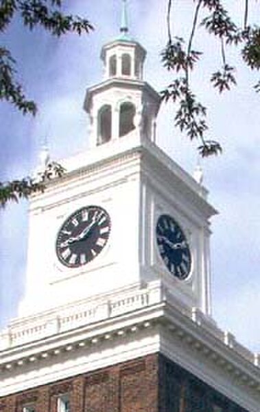 The clock tower atop the main building
