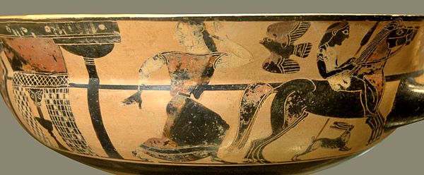 Troilus and Polyxena fleeing. Kylix, by C-painter, c. 570–565 BC, Louvre (CA 6113), black-figure Attic. That there are two horses shown side by side c