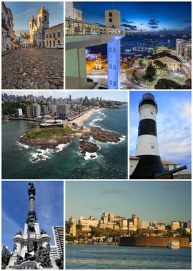 From the top, clockwise: Pelourinho with the Church of the Third Order of Our Lady of the Rosary of the Black People; view of the Lacerda Elevator from the Comércio neighborhood; Barra Lighthouse; the Historic Center seen from the Bay of All Saints; monument to the heroes of the battles of Independence of Bahia and panorama of Ponta de Santo Antônio and the district of Barra.