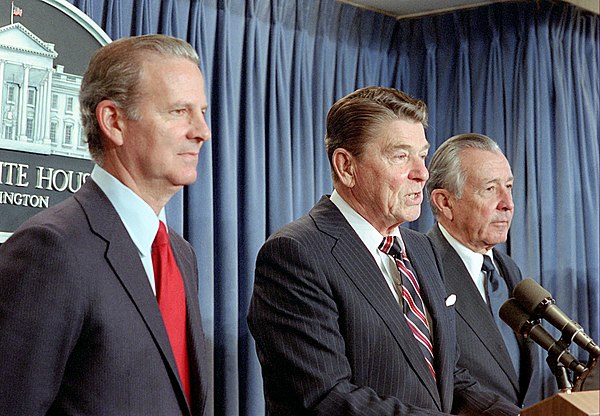 President Ronald Reagan announcing the nomination of James Baker to be Secretary of the Treasury and the appointment of Donald Regan as White House Ch